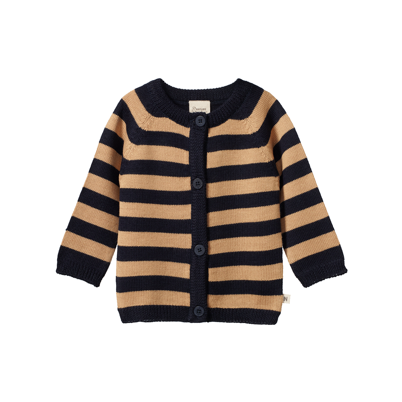 MERINO KNIT CARDIGAN | Navy/Caramel Stripe-Web-front